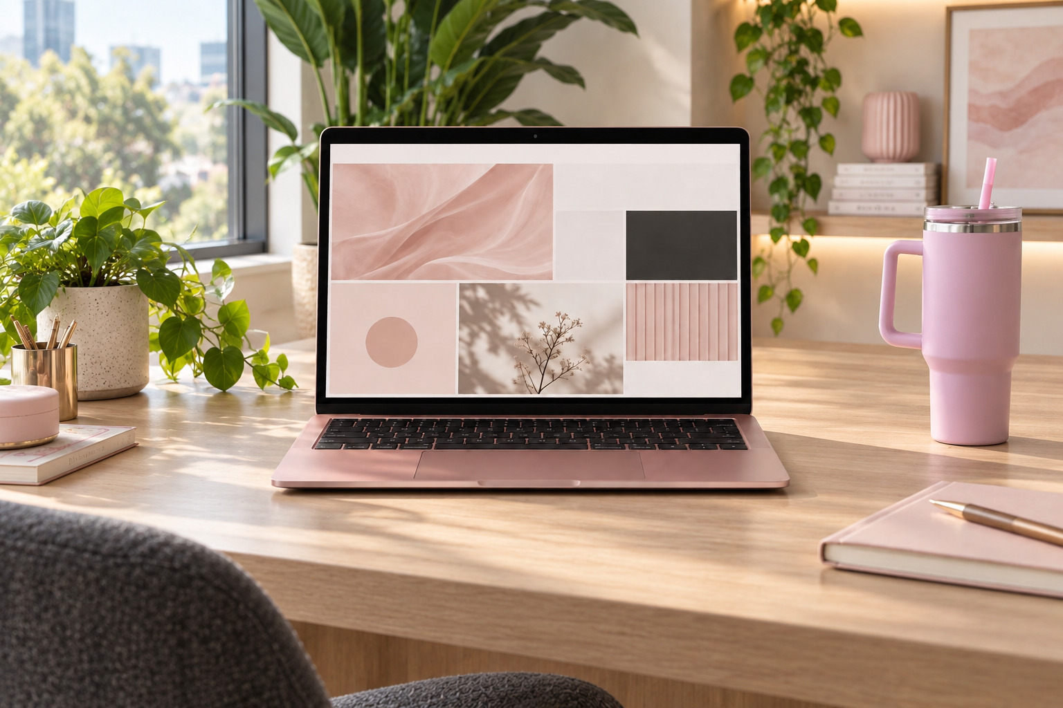 Rose-pink laptop on a light oak desk in Lea’s plant-filled workspace